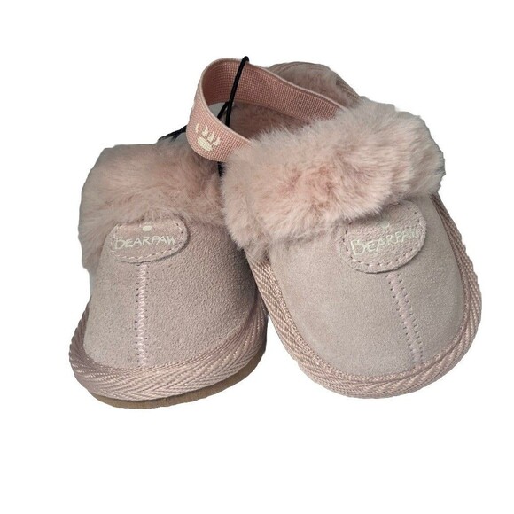Bear Paw Little Girls Rebecca Pink Cute Fur Leather Slippers NWT Size 0-6 Months - Picture 1 of 6